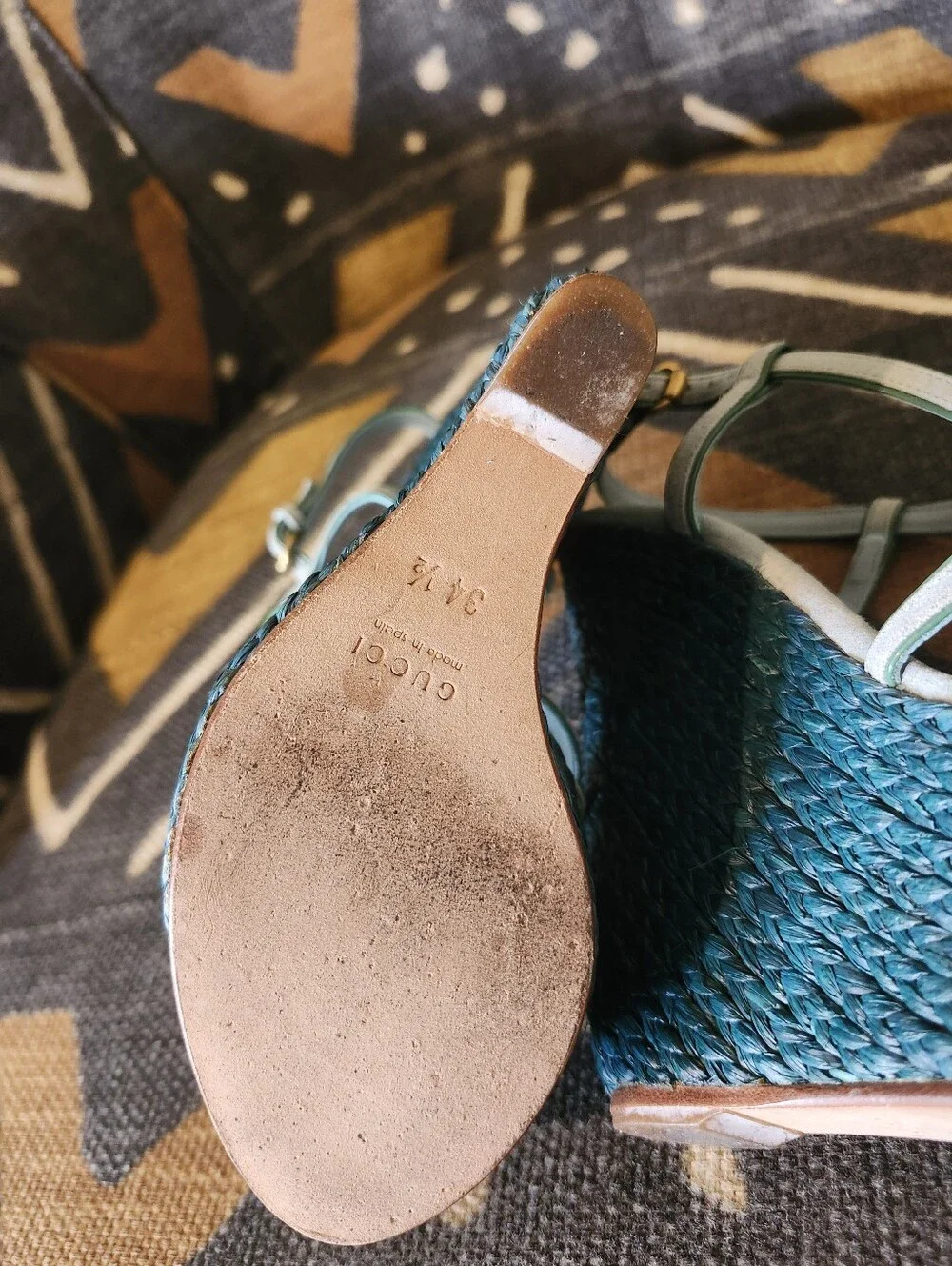 Sale​✨ GUCCI Rare Vtg Y2K Teal Raffia Espadrille Platform Wedges 34.5 Near Mint